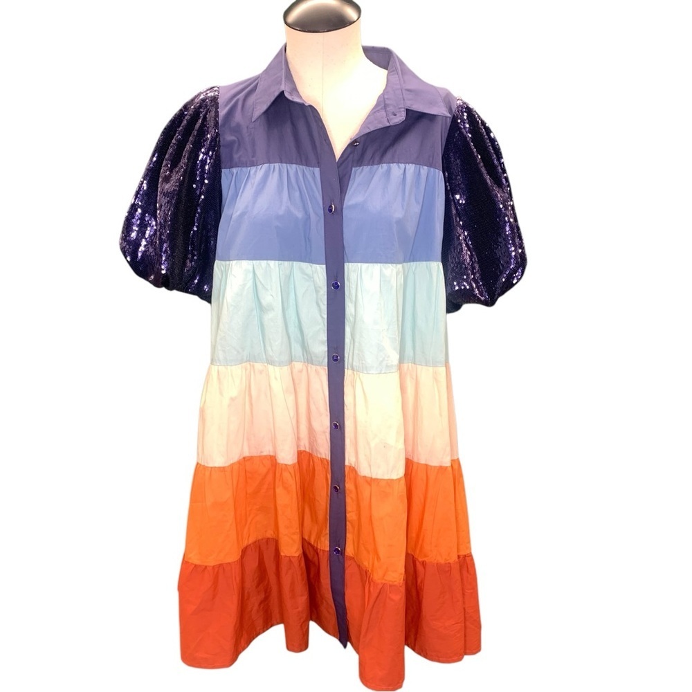 QUEEN OF SPARKLES Colorblock Sequin Sleeve Tiered Mini Shirt Dress Size L‎